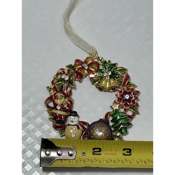 Gold Tone Metal Wreath Ornament Red Green Santa Snowman Bells Holly Ribbon - Picture 10 of 10